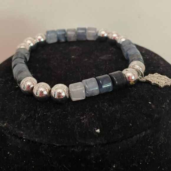 Blue, gray, white, & black beaded First Communion stretch bracelet w/charm - Picture 1 of 8